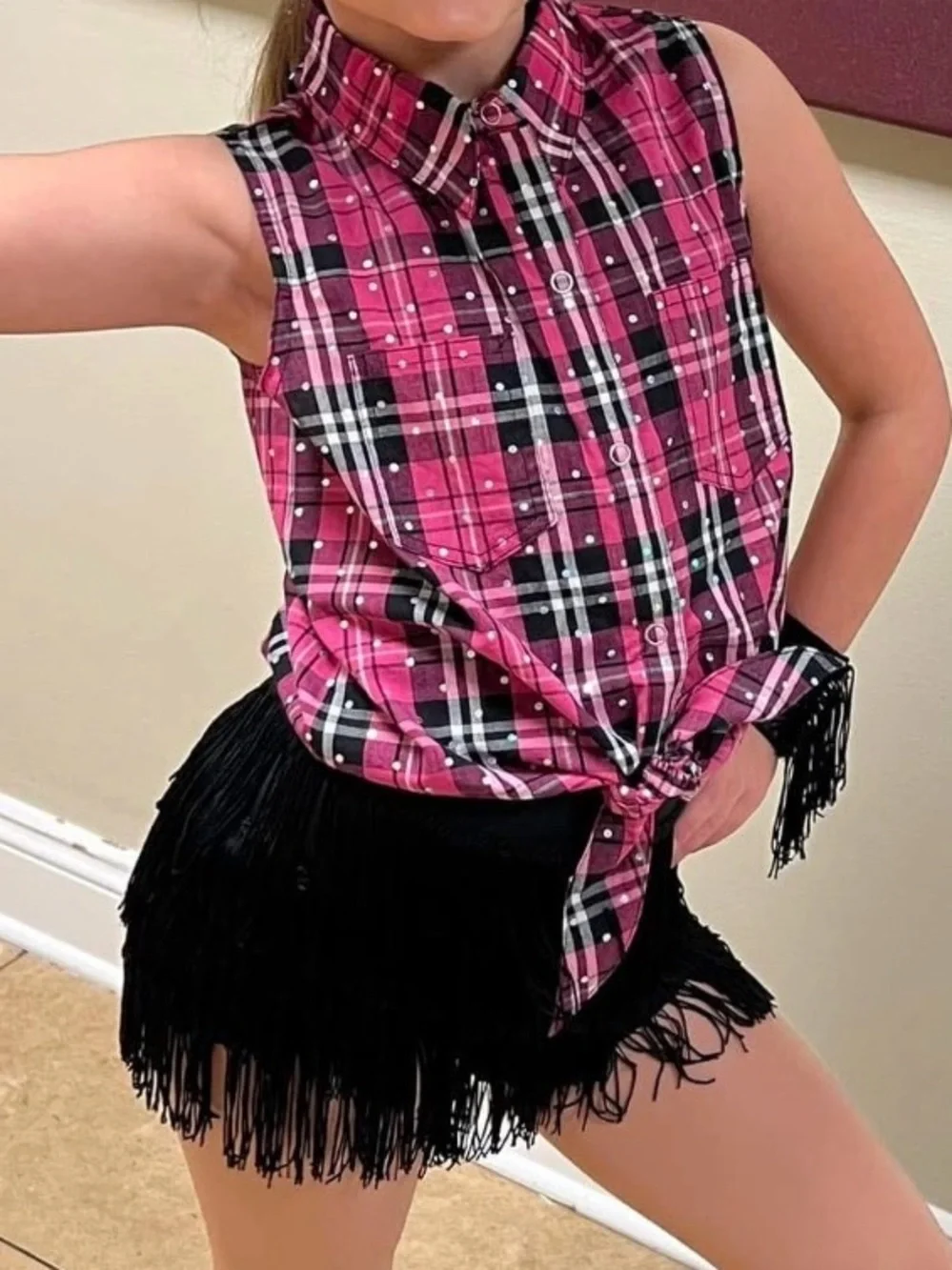 Weissman Pink Plaid Cowgirl Dance Set with Black Fringe